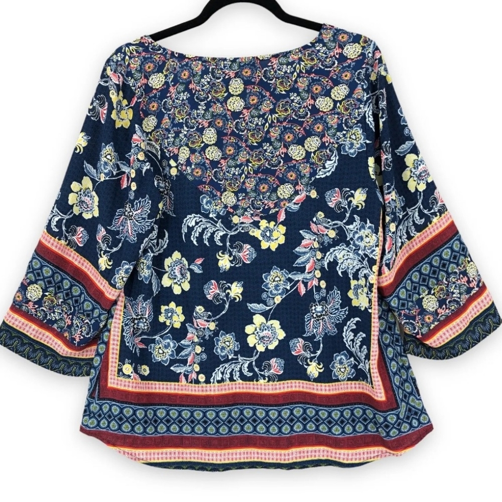 Figueroa & Flowers Tunic Top Womens Large Blue Multi Floral  Bandana Boho Hippie
